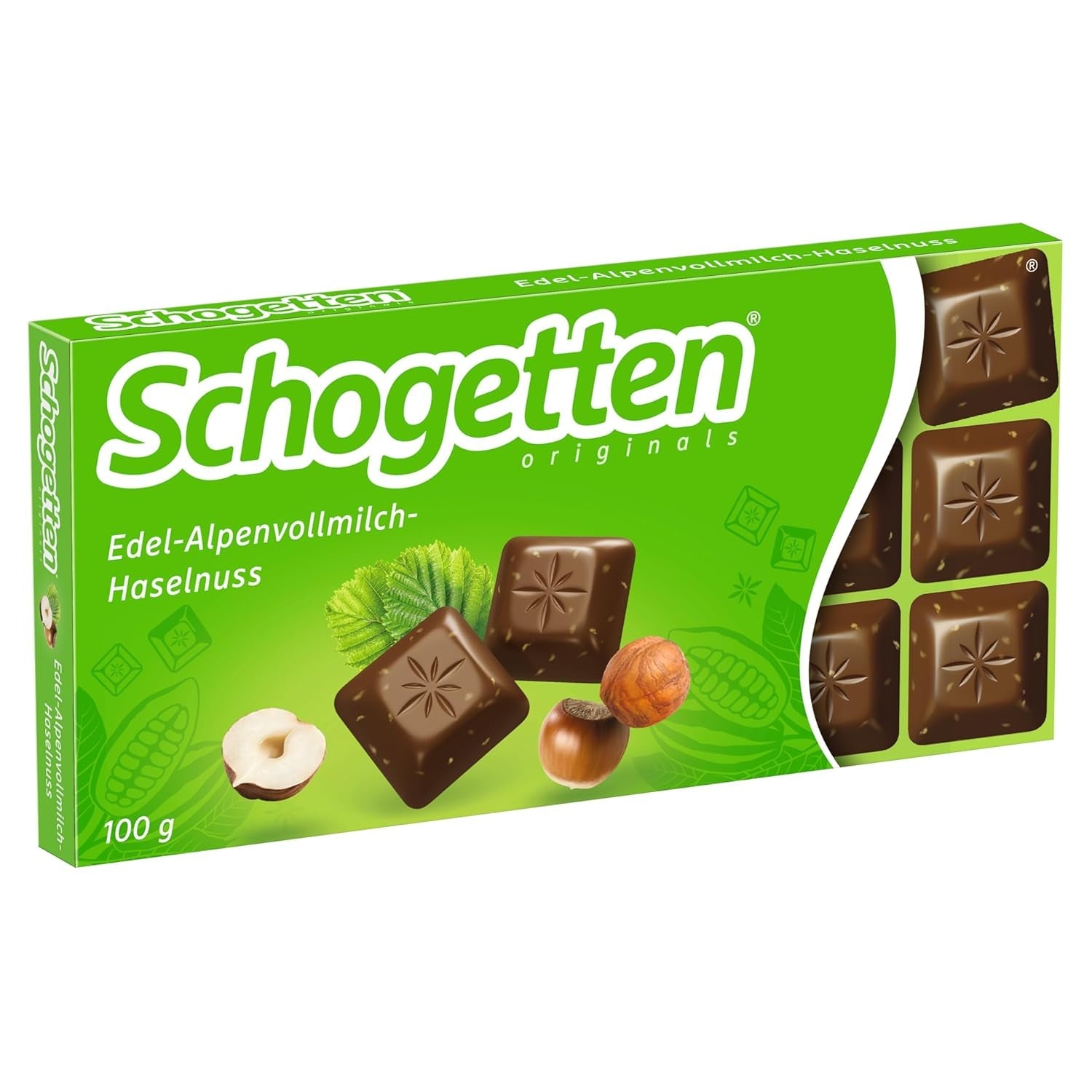 Schogetten Premium alpin mjölkchoklad med hasselnötter, 100 g chokladkaka, individuellt portionerad. En fröjd. Bit för bit.