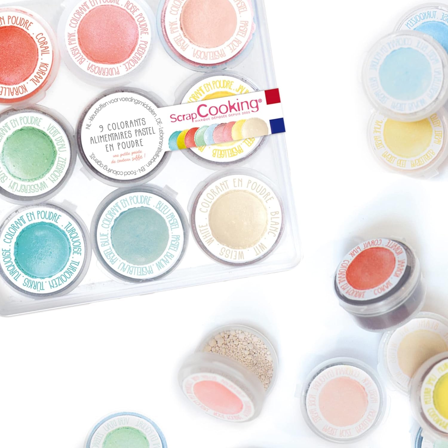 Scrapcooking - Set med 9 pastellfärger - blå, gul, korall, rosa, turkos, limegrön, vit, vattengrön, pulverrosa - Ätbart färgpulver för kakor, muffins, macarons - 4272