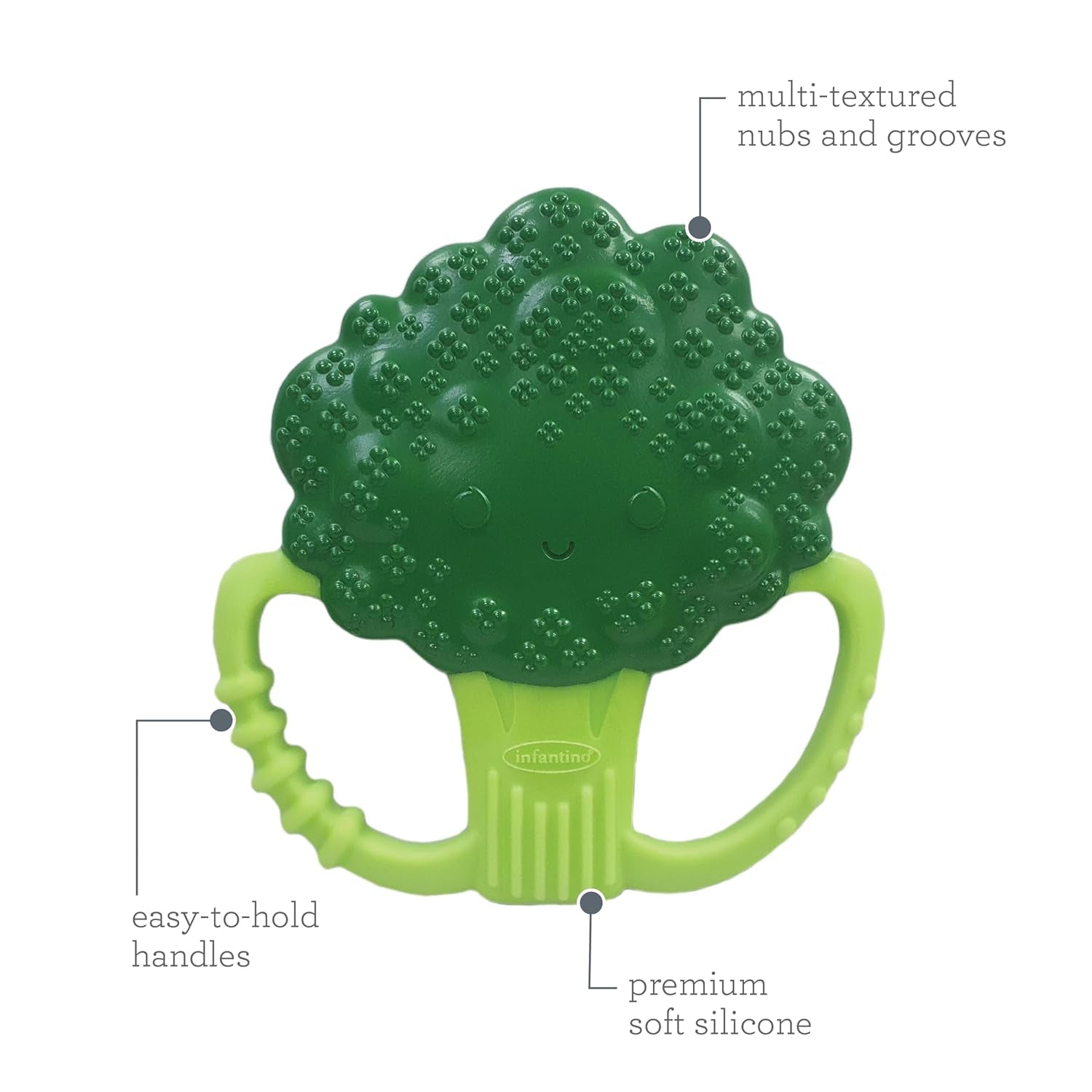 Infantino Lil' Nibbles, texturerad silikonbitring, BPA-fri babybitringleksak, mjuk, lätt att hålla, sensorisk stimulering för spädbarn, broccoli