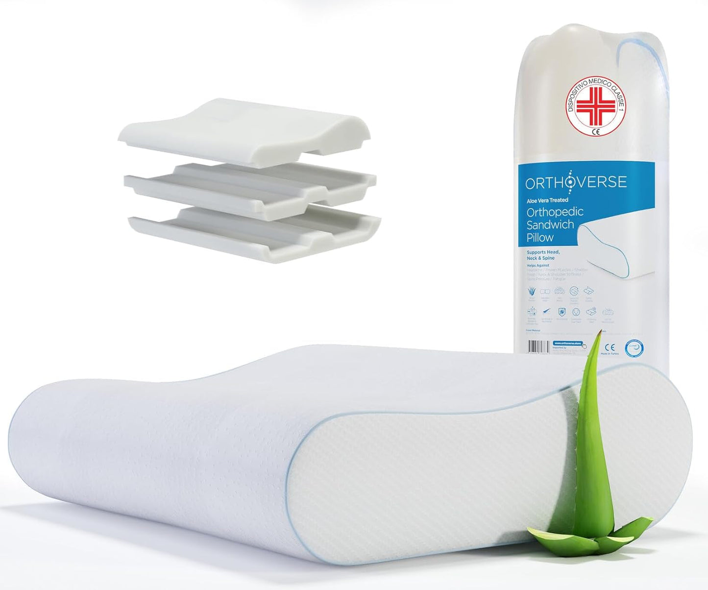 ORTHOVERSE ortopedisk kudde - nackstödskudde, sovkudde, kudde, kudde med memory foam, kudde, nackvärkskudde - justerbar i höjdled, aloe vera-överdrag, medicinsk hjälp Cervikala ortopediska kuddar Naty Shop 1