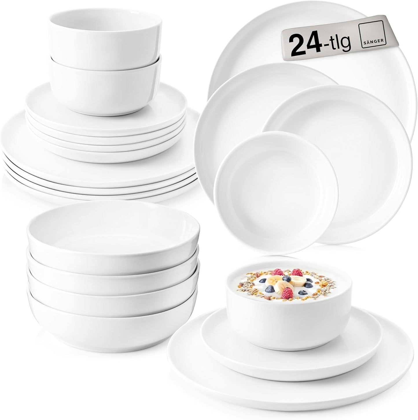 SANGER | Marlo White servisset 24-delat servisset för 6 personer med desserttallrikar, mattallrikar, skålar och spannmålsskålar Porslinsmattallrikset serviser Modern design PREMIUM KOLLEKTION
