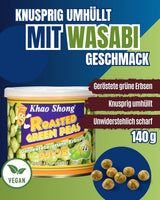 Khao Shong Friterade gröna ärtor med wasabi, krispiga ärtor i en kryddig smet, ett fettsnålt alternativ till nötter, medelkryddigt, 1 140g burk | 140 g (1 förpackning)