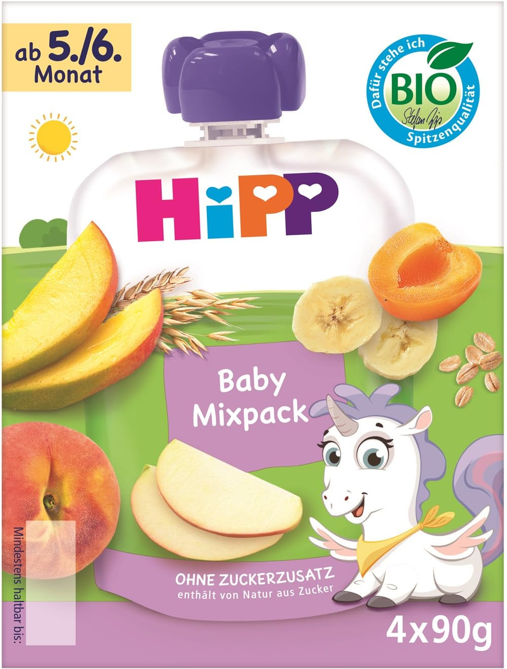 HiPP Organic Squeeze-påsar, blandat paket, 16 stycken (4 förpackningar om 4 x 90 g vardera), för spädbarn 5/6 månader, fyra läckra smaker, utan tillsatt socker, bästa ekologiska kvalitet