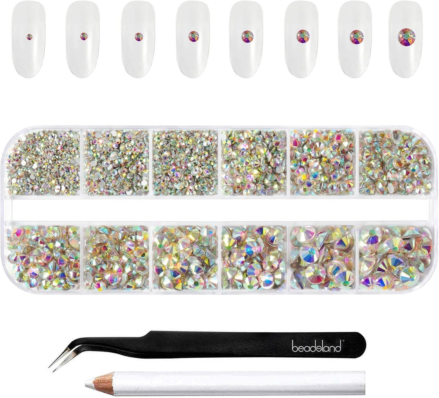 Beadsland 2500st Glas Nailart Strasssteine ​​​​Kristall Flatback Edelsteine ​​​​Runde, ​​Für Handwerk Gemischt 8 Größen SS4 ~ SS30 Mit Picking Pinzette Und Stift (Kristall Weiss)