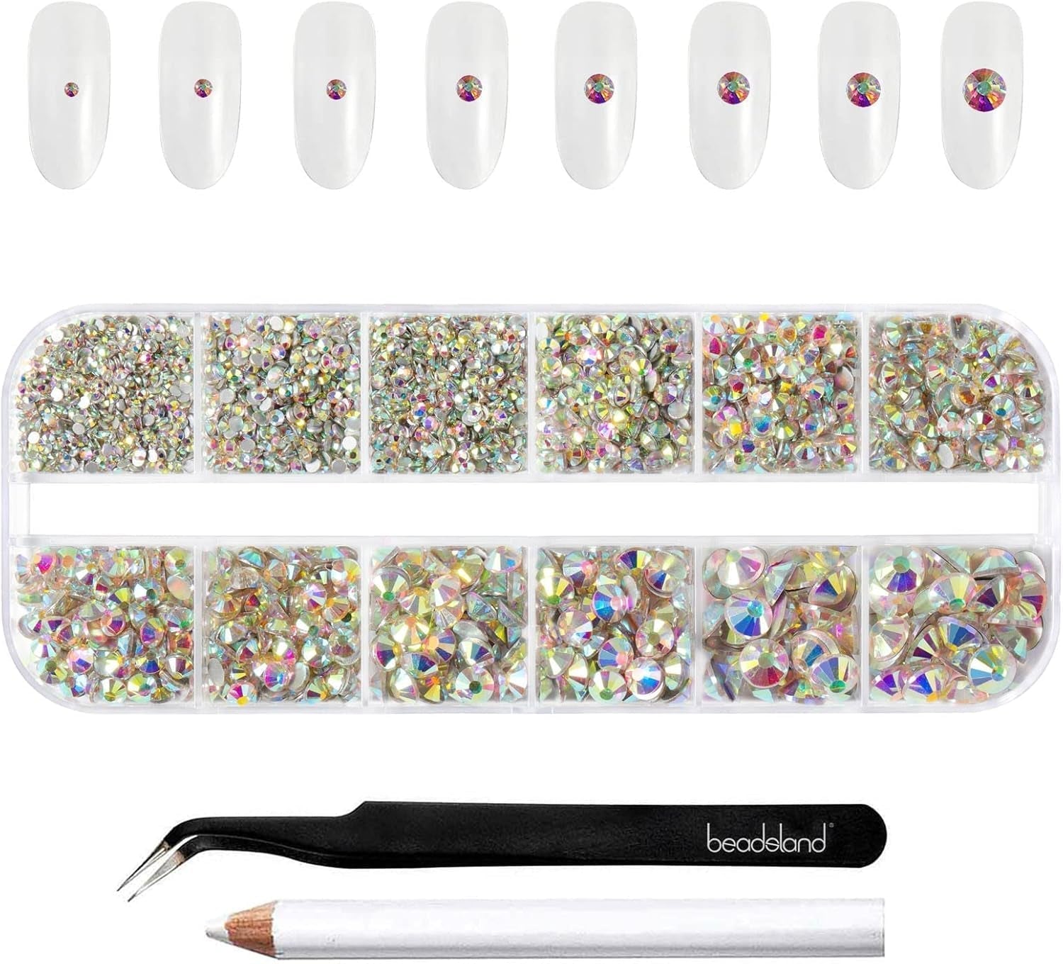 Beadsland 2500st Glas Nailart Strasssteine ​​​​Kristall Flatback Edelsteine ​​​​Runde, ​​Für Handwerk Gemischt 8 Größen SS4 ~ SS30 Mit Picking Pinzette Und Stift (Kristall Weiss)