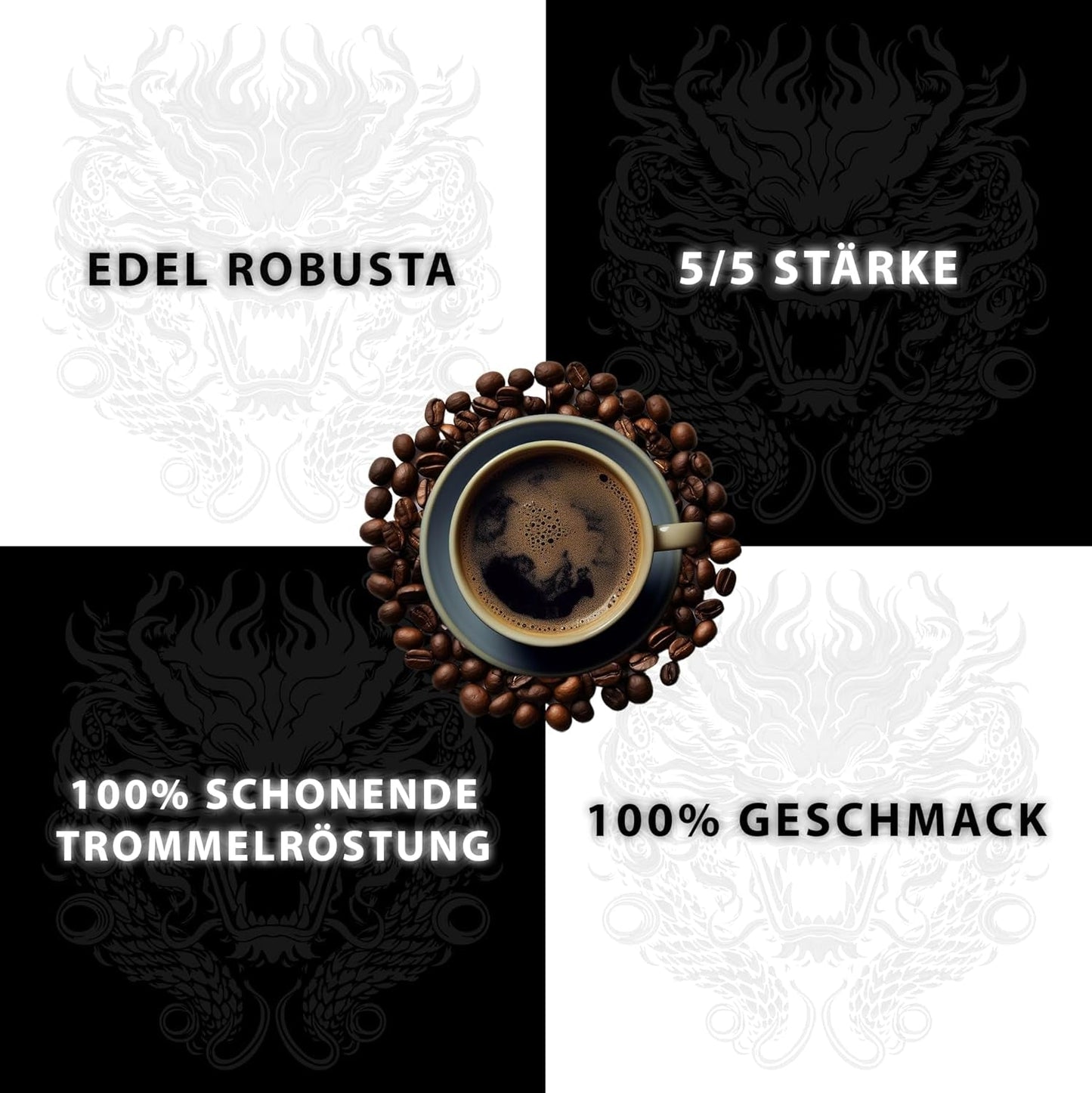 Black Dragon Espresso 100% Robusta - Extra starkt rostade kaffebönor - Mycket starkt och fylligt kaffe med hög koffeinhalt - Mycket stark espresso