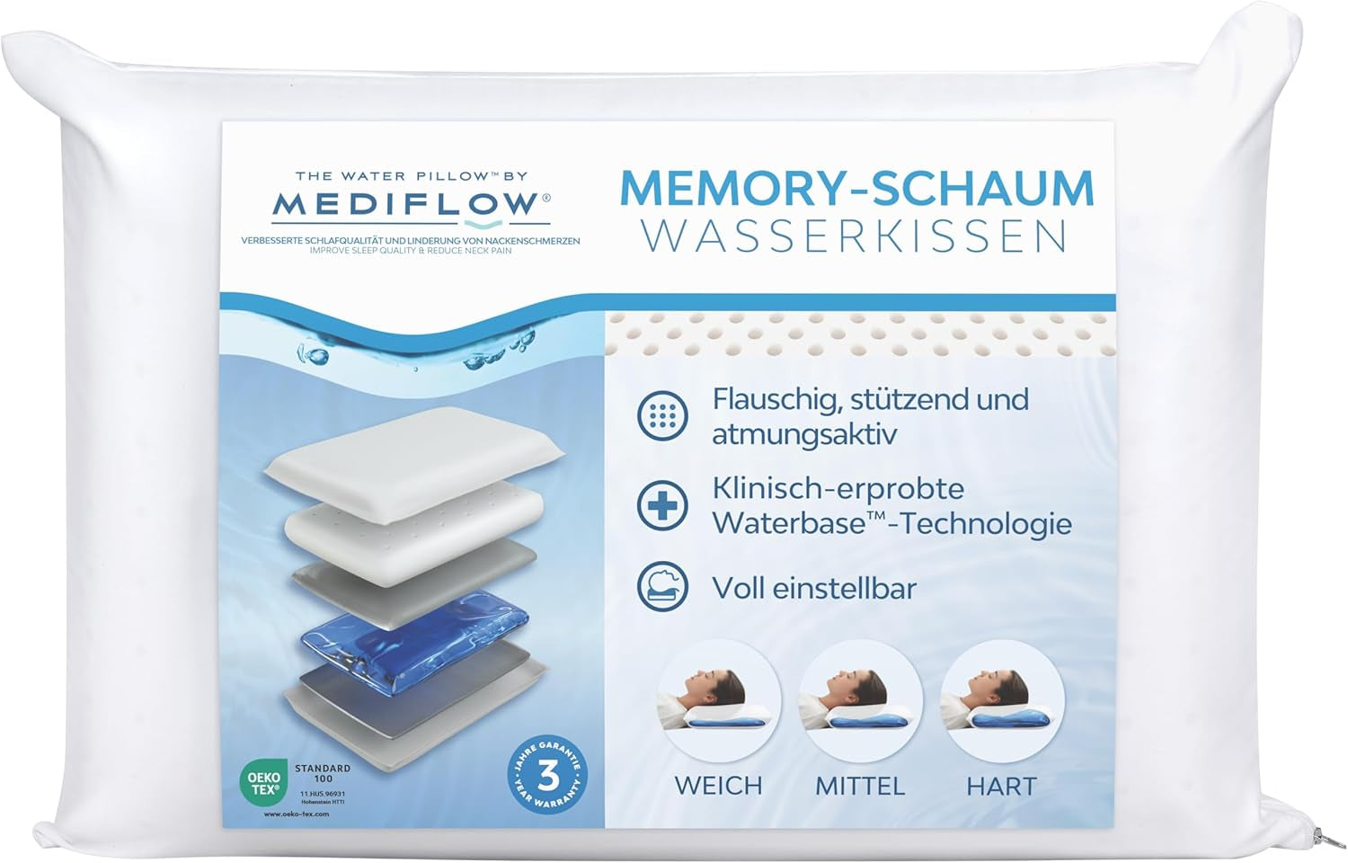 Mediflow The Original 5008 50X70Cm vattenkudde med viscoskum, vit, enkel, 1 stycke (1 paket) Naty Shop Standardkuddar Standardtitel