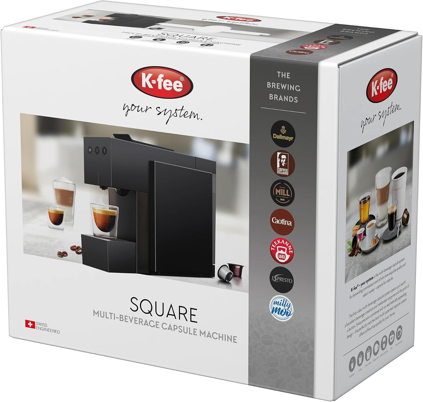 Espressomaskin med K-FEE SQUARE kapslar för kaffe, te och kakao | Kompakt espresso | Snabb uppvärmning | 0,8 l vattentank | 19 takter | Piano svart