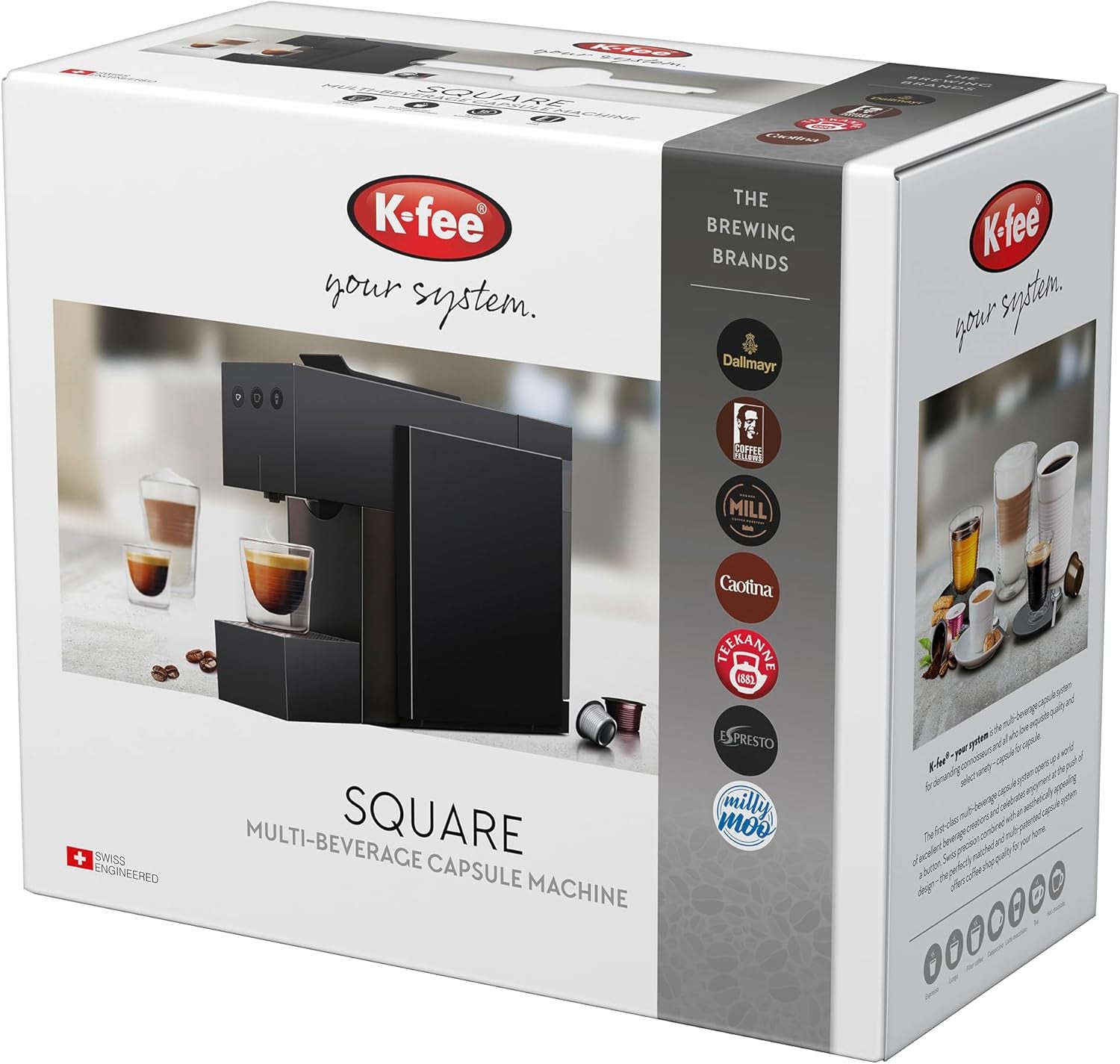 Espressomaskin med K-FEE SQUARE kapslar för kaffe, te och kakao | Kompakt espresso | Snabb uppvärmning | 0,8 l vattentank | 19 takter | Piano svart