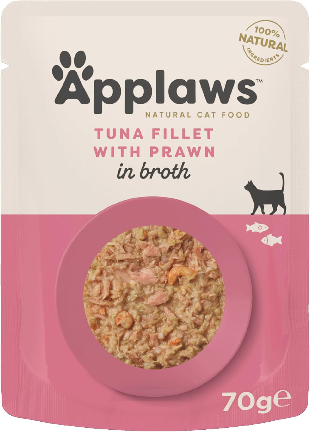 Applaws Premium naturligt vått kattmat, tonfiskfiléer med Stillahavsräkor i soppa, 70 g portionspåsar (12 x 70 g)