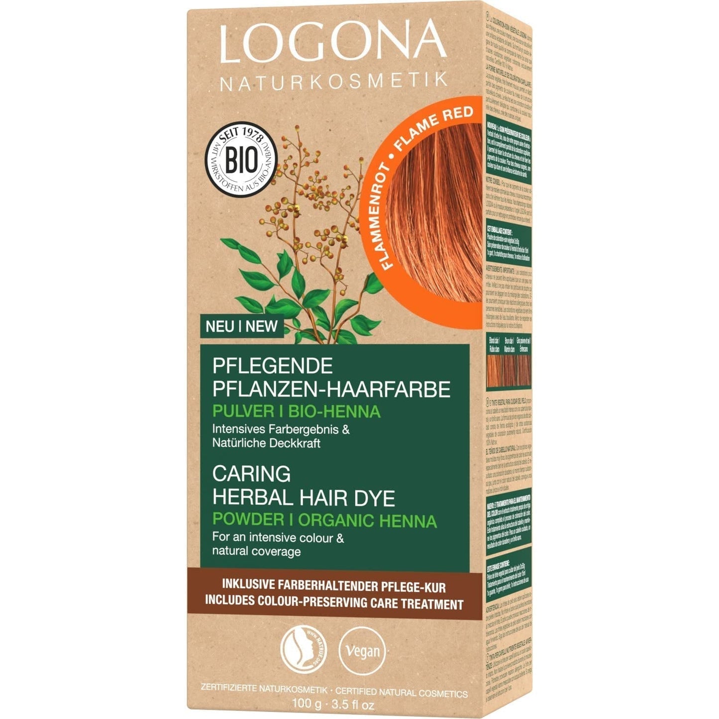 LOGONA Natural Cosmetics Örtvårdande hårfärgningsmedel, organiskt hennapulver Vegansk hårfärg för intensiv färg och glans, örtfärgat hårfärg i kopparblond (blond), 1 x 100 g Naty Shop Flame Red Hårfärgning 100G (1 förpackning)