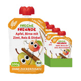 FRECHE FREUNDE Ekologisk pressbar fruktpåse Äpple Kanel Päron Ris Dinkelfruktpuré med flingor för bebisar 6 månader+ Vegansk 6-pack (6 x 100 g)