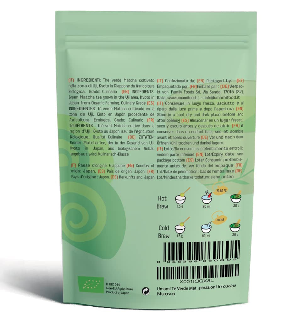 Umami Bio Matcha grönt tepulver - kulinarisk kvalitet, odlat i Uji, Kyoto (Japan) från ekologiskt jordbruk. Utmärkt för att dricka eller för matlagning i köket 100 g...