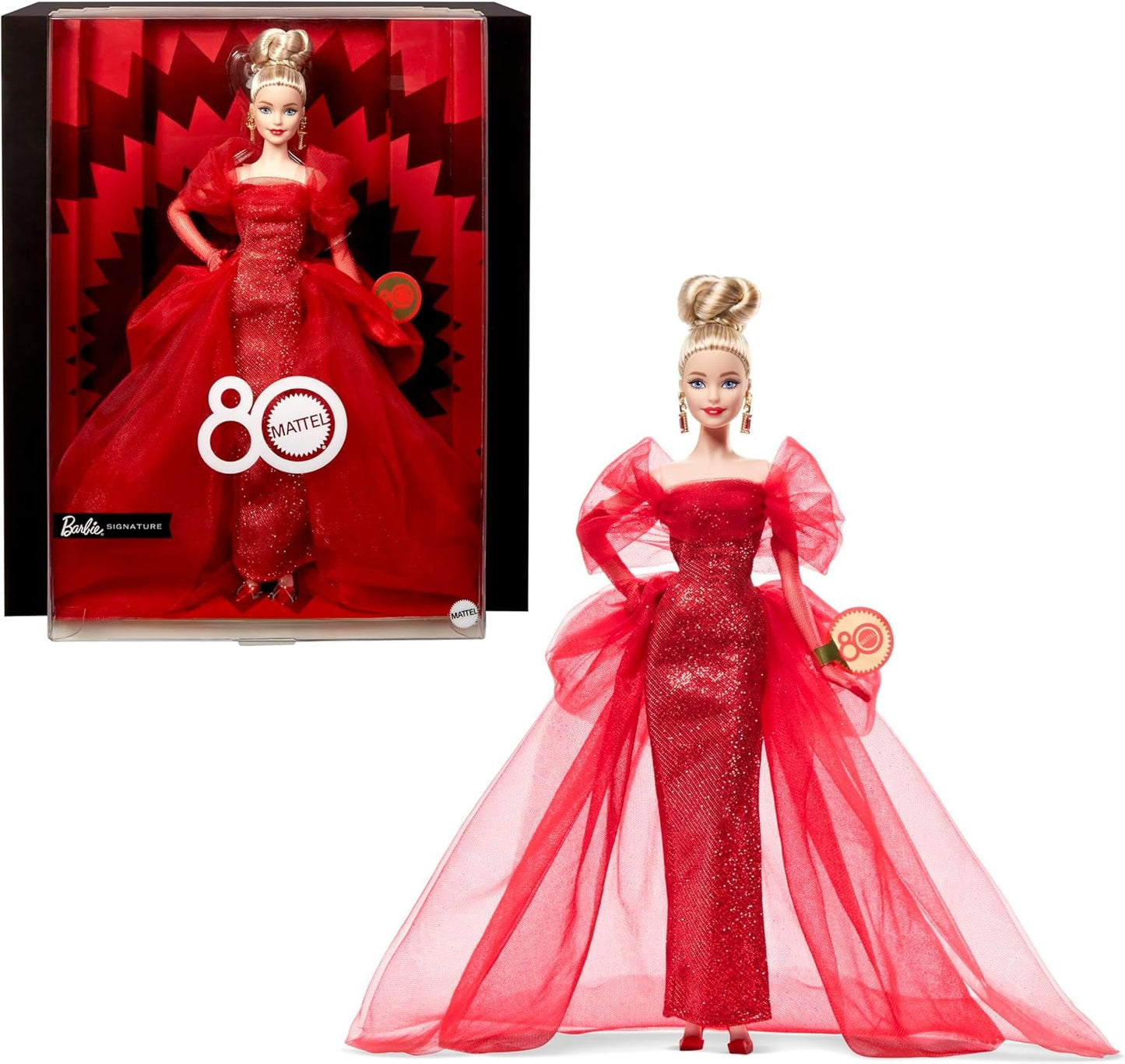 Barbie signaturdocka 80-årsjubileum Mattel samlarfigur i gnistrande röd tyllklänning med droppvis örhängen och ömtåliga handskar Blont hår JBJ17