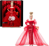 Barbie signaturdocka 80-årsjubileum Mattel samlarfigur i gnistrande röd tyllklänning med droppvis örhängen och ömtåliga handskar Blont hår JBJ17