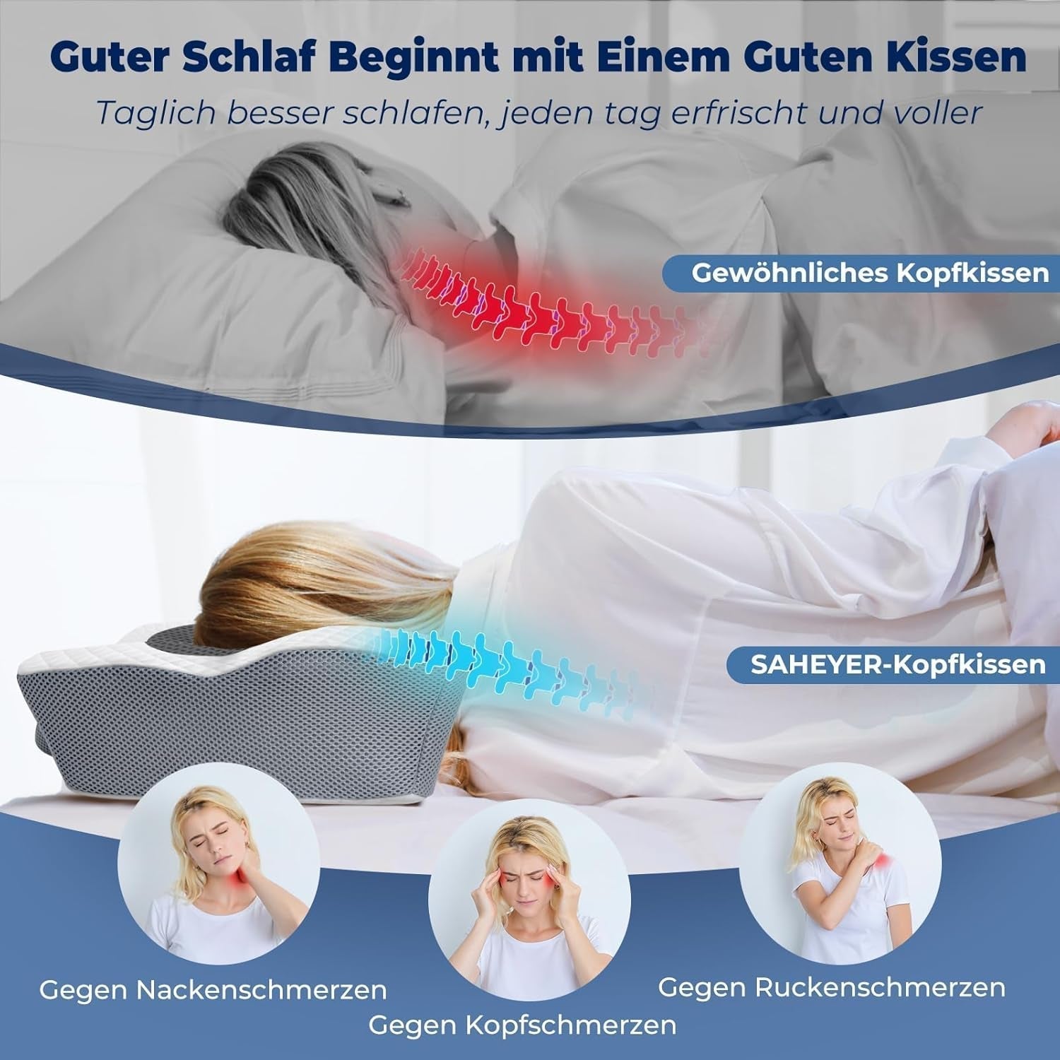 SAHEYER ortopedisk kudde nackstöd kudde huvudkudde, ergonomisk nackkudde sidosovskudde 60 X 40 X 13/11 cm memory foam kudde för sidosleeper, rygg och mage Cervikala ortopediska kuddar Naty Shop