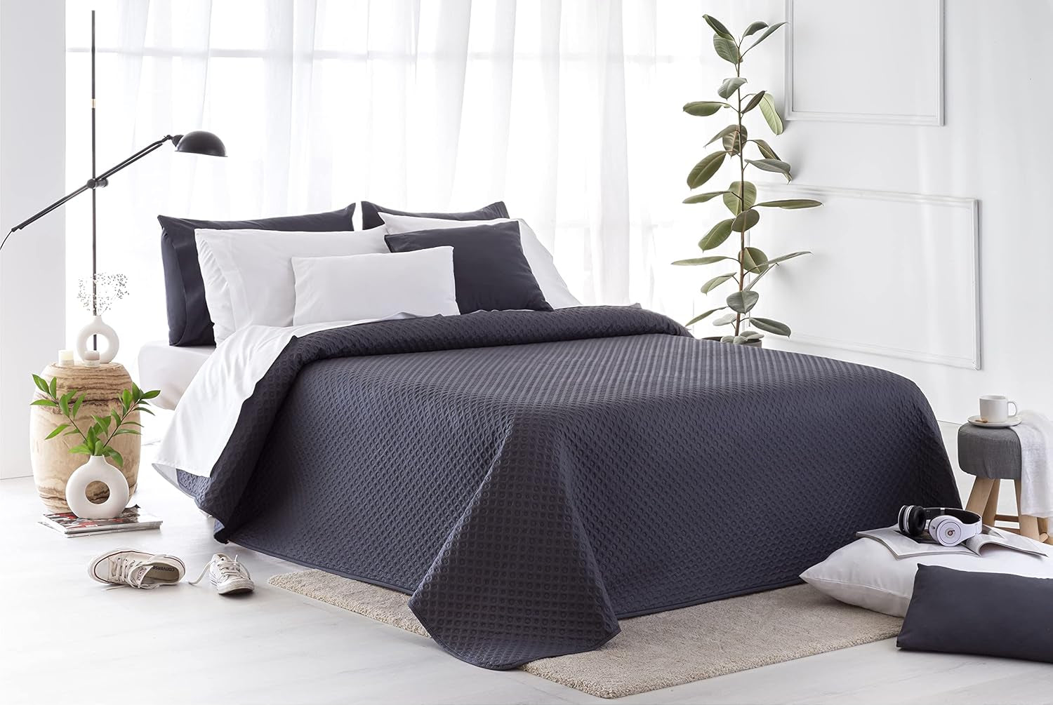 Todocama Fine Boutique överkast med pikémönster, för vår, sommar, höst och vinter, 100% supermjuk mikrofiber, multifunktionell filt, 140/150/160-250 X 260 cm, ljusgrå Sängar och filtar Besuche den Todocama-Store Mörkgrå 200 X 260