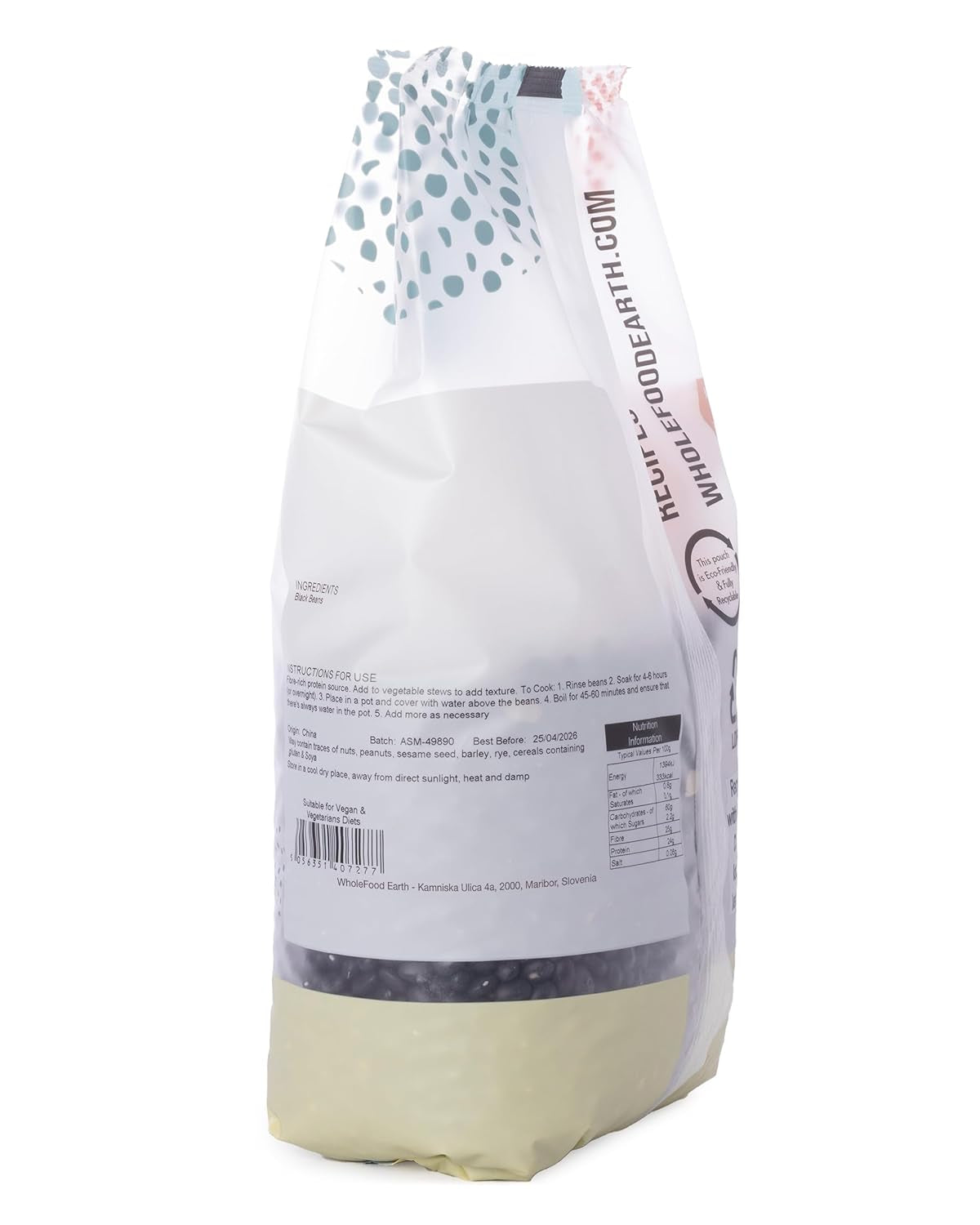 Svarta bönor Wholefood Earth 1 kg icke-GMO Naturligt fiberrikt med högt proteininnehåll