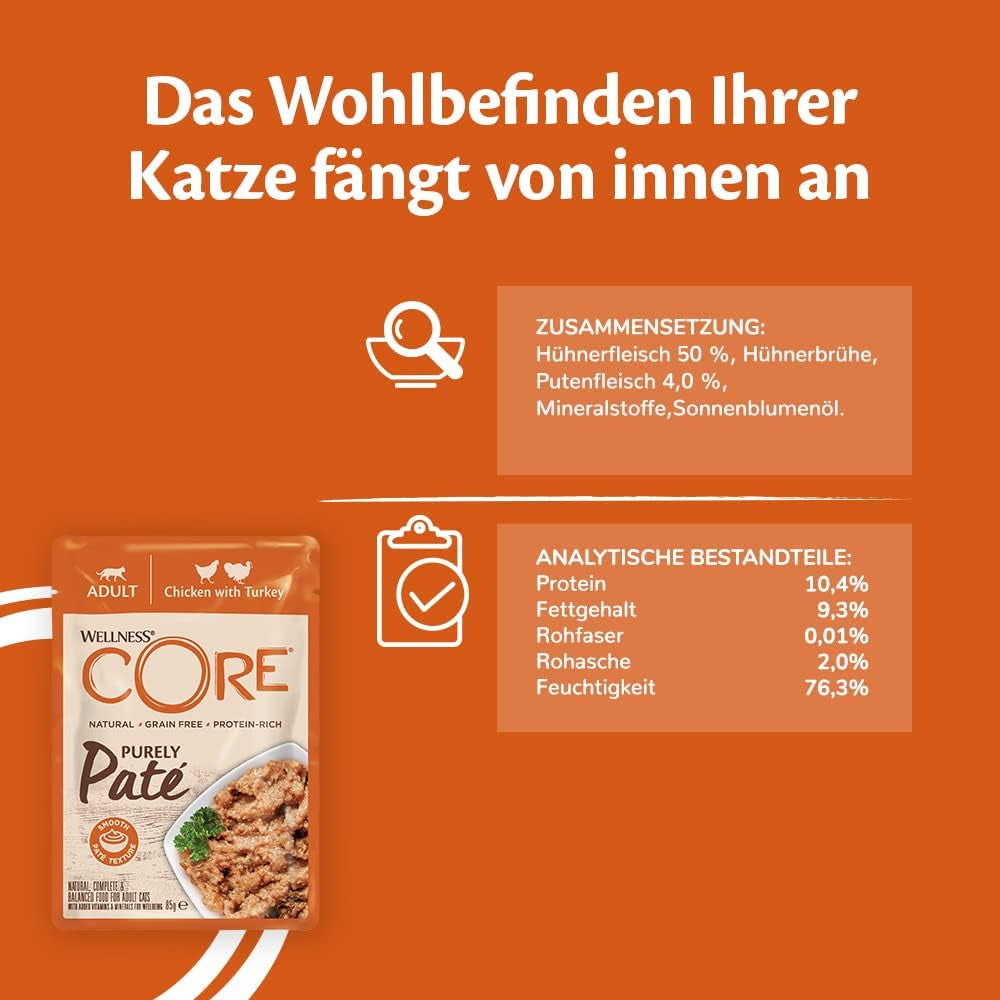 Wellness CORE Purely Paté 24 x 85g, Kyckling och Kalkon - Våtfoder för katter, fin paté, spannmålsfri, naturlig, allergivänlig, proteinrik, hög i kött