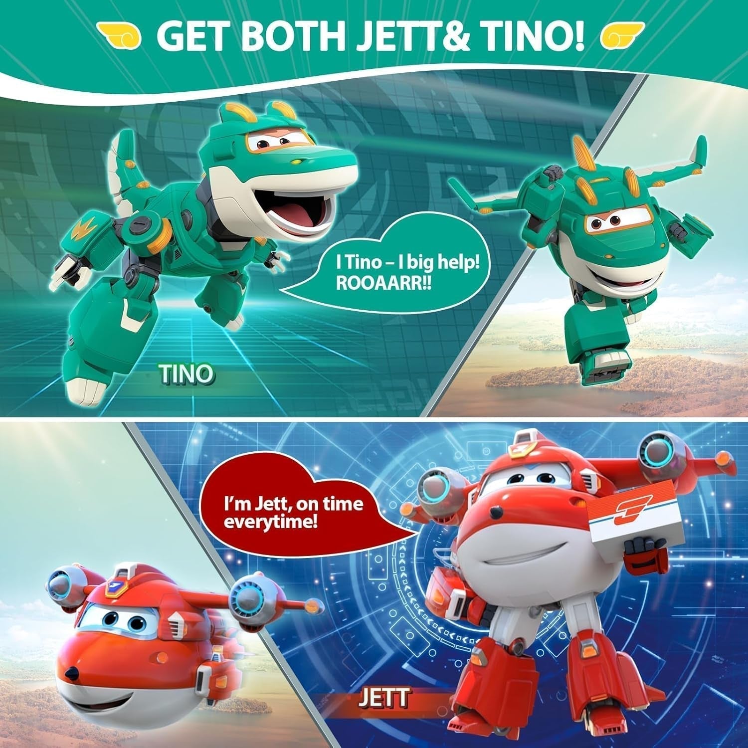 Super Wings 5" Transforming Characters 2-pack Transforming Supercharged Jett + Tino Transformer Toy för pojkar och flickor i åldrarna 3+ Röda actionfigurer Naty Shop