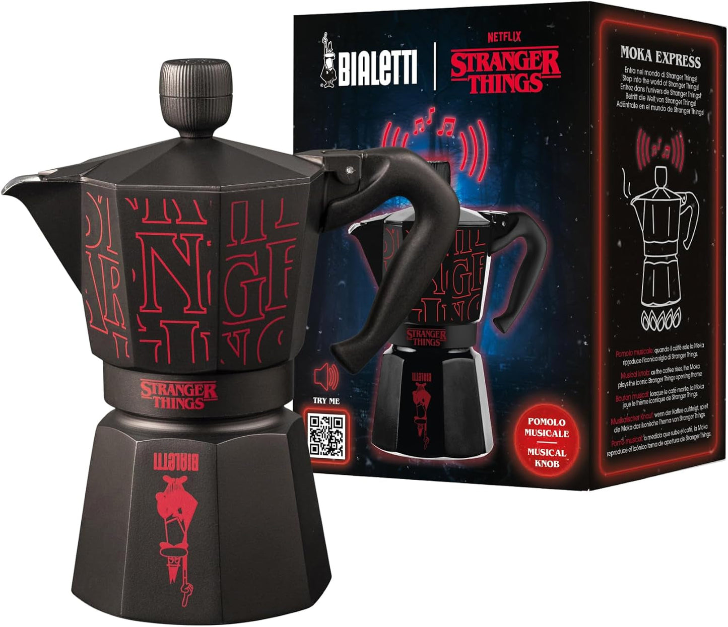 Bialetti Moka Express Stranger Things 6-kopps kaffebryggare, musikknapp med USB-C-laddningsfunktion, inte lämplig för induktionshällar, 6 koppar (270 ml), svart