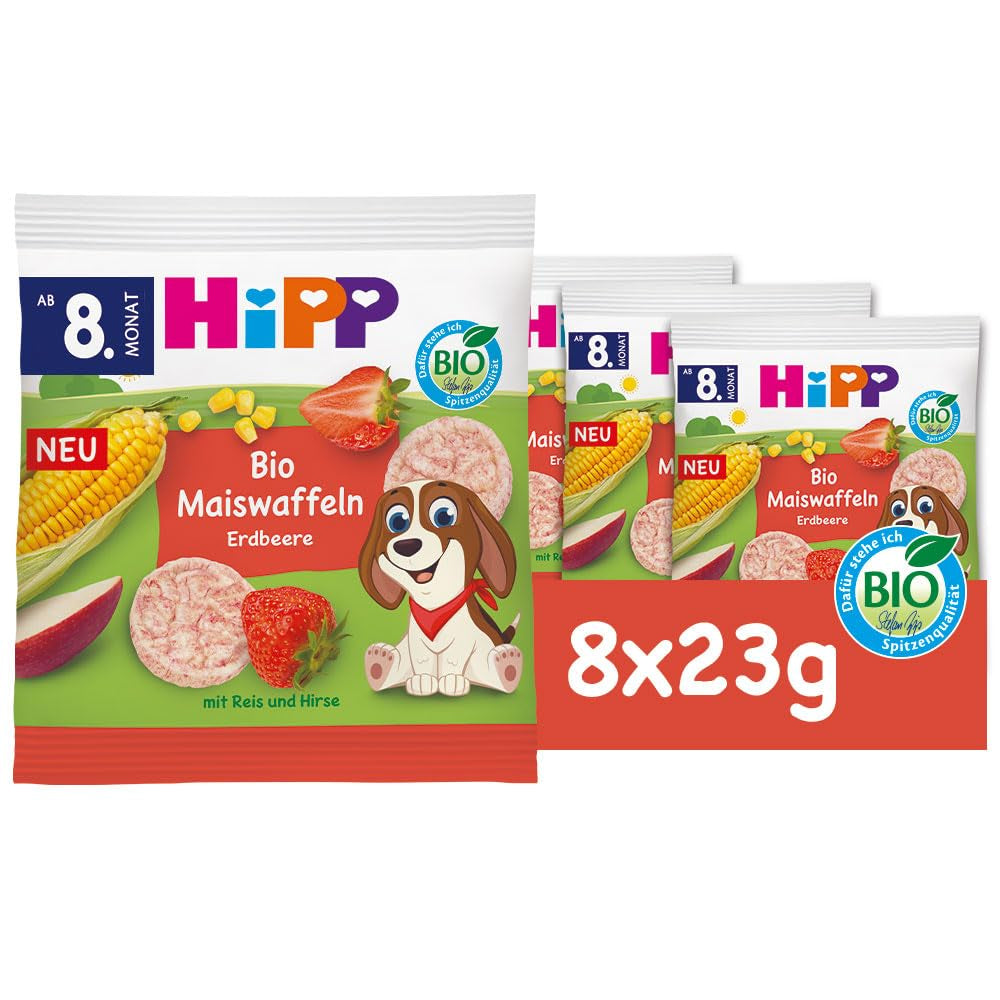 HiPP ekologiska majsvåfflor med jordgubbar (8 x 23 g), mellanmål för bebisar från 8 månader, sötad endast med frukt och grönsaker, glutenfri, bästa ekologiska kvalitet