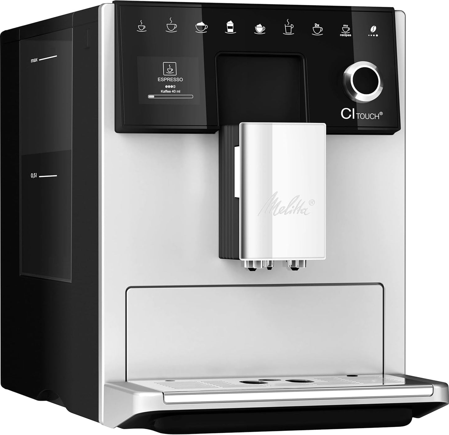 Melitta CI Touch - Helautomatisk espressomaskin med mjölksystem, espressomaskin med integrerad kaffekvarn och mjölkskummare, t.ex. för espresso eller cappuccino, silver