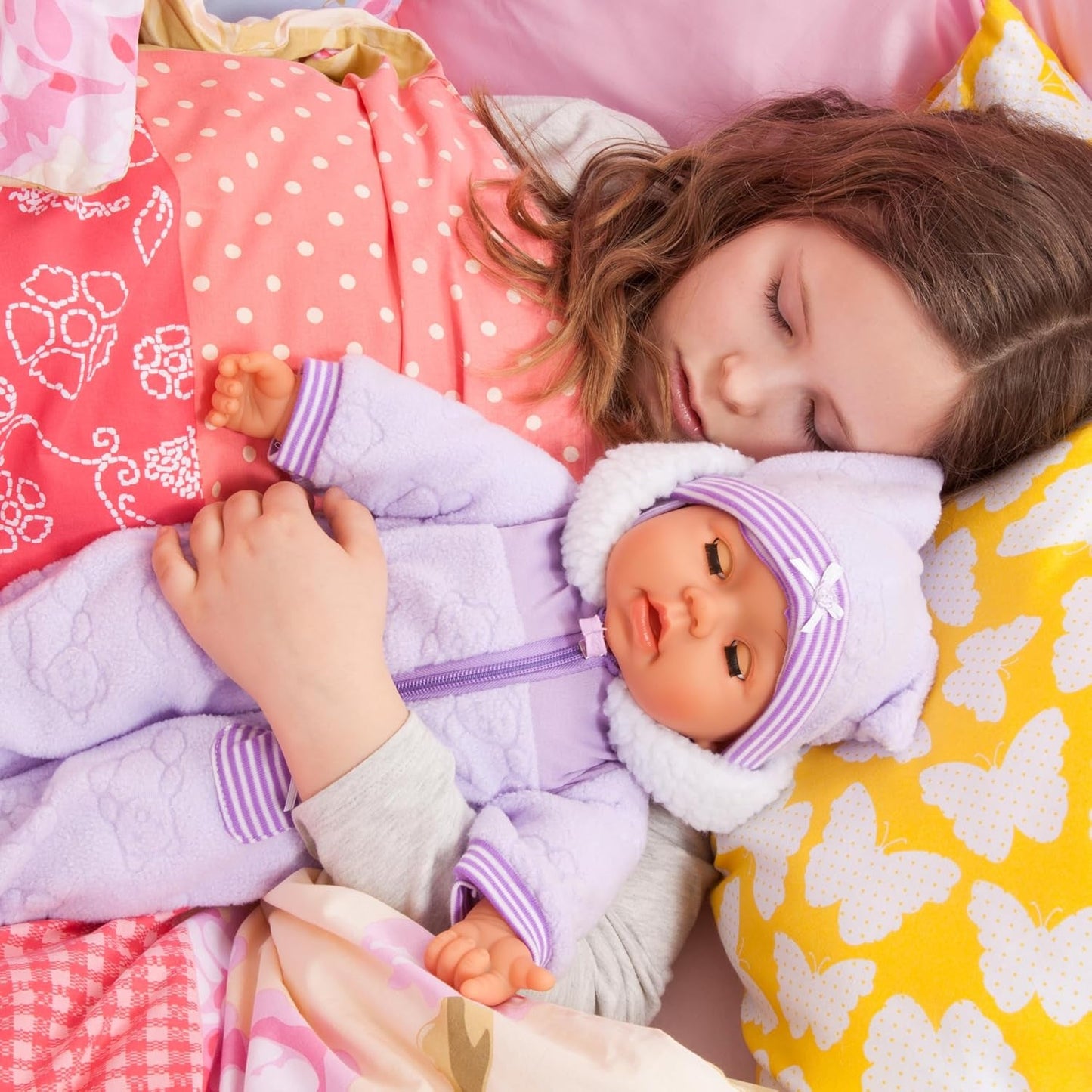 Bayer Design 94694AG 94694AA, Funktionsdocka, Piccolina Magic Eyes Interactive Doll, Moves Mun, Blinkar och stänger ögonen, Pratar, Lila, 46cm