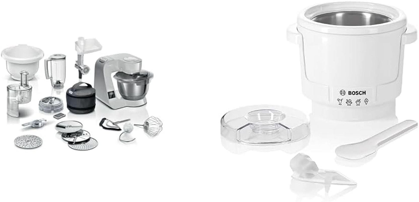 Bosch Series 4 MUM5X720 matberedare, integrerad våg, skål i rostfritt stål 3,9L, mixer 1,25L, 1000W Tillbehör Mat och Amning Bebe Naty Shop Paket med ismaskin Silver Grey 6 tillbehör
