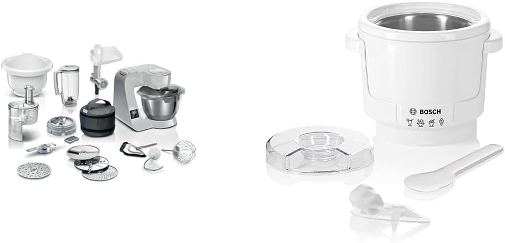 Bosch Series 4 MUM5X720 matberedare, integrerad våg, skål i rostfritt stål 3,9L, mixer 1,25L, 1000W Tillbehör Mat och Amning Bebe Naty Shop Paket med ismaskin Silver Grey 6 tillbehör