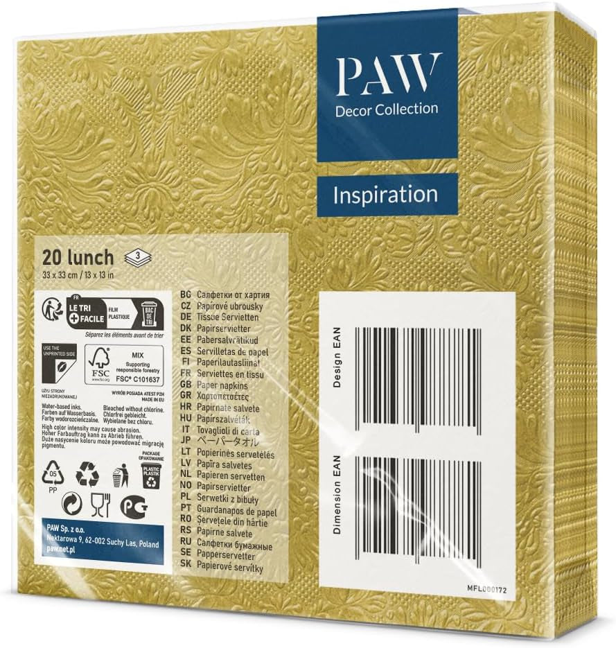 PAW - 3-lagers servetter (33 X 33 Cm) I 20 delar I Perfekt för födelsedagar, fester, bröllop, nattvard och helgdagar I Färgade pappersservetter - speciella tillfällen, prydnadsföremål I Inspiration Classic (guld)