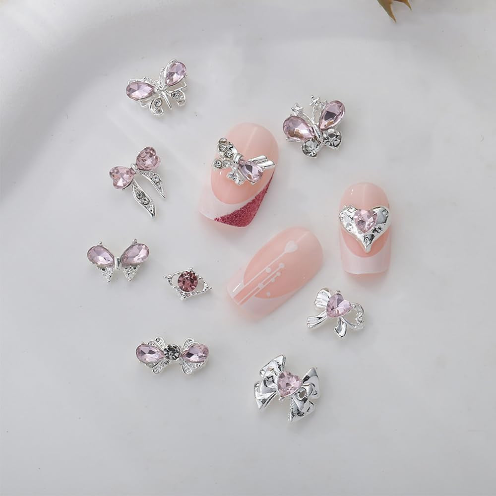 Luxus Rosa Diamant Nagel Charms 3D Butterfly Nail Art Charms Bow Nail Charms Y2K Heart Charms Nägel Zubehör Schmetterling Herz Schleife Nageldesign Edelsteine ​​​​Strasssteine ​​Glitzersteine ​​Nagelschmuck