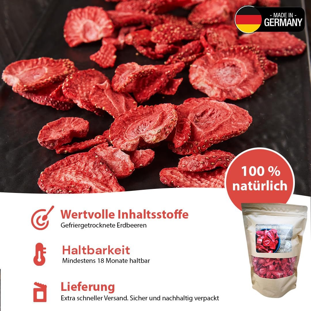 '- 150 g 100 % naturliga och rena frystorkade jordgubbar - Skivade torkade jordgubbar - Frystorkade torkade frukter utan tillsatt socker - Osötade jordgubbschips Torkade produkter Naty Shop