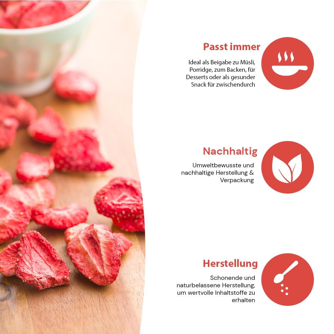 '- 150 g 100 % naturliga och rena frystorkade jordgubbar - Skivade torkade jordgubbar - Frystorkade torkade frukter utan tillsatt socker - Osötade jordgubbschips Torkade produkter Naty Shop