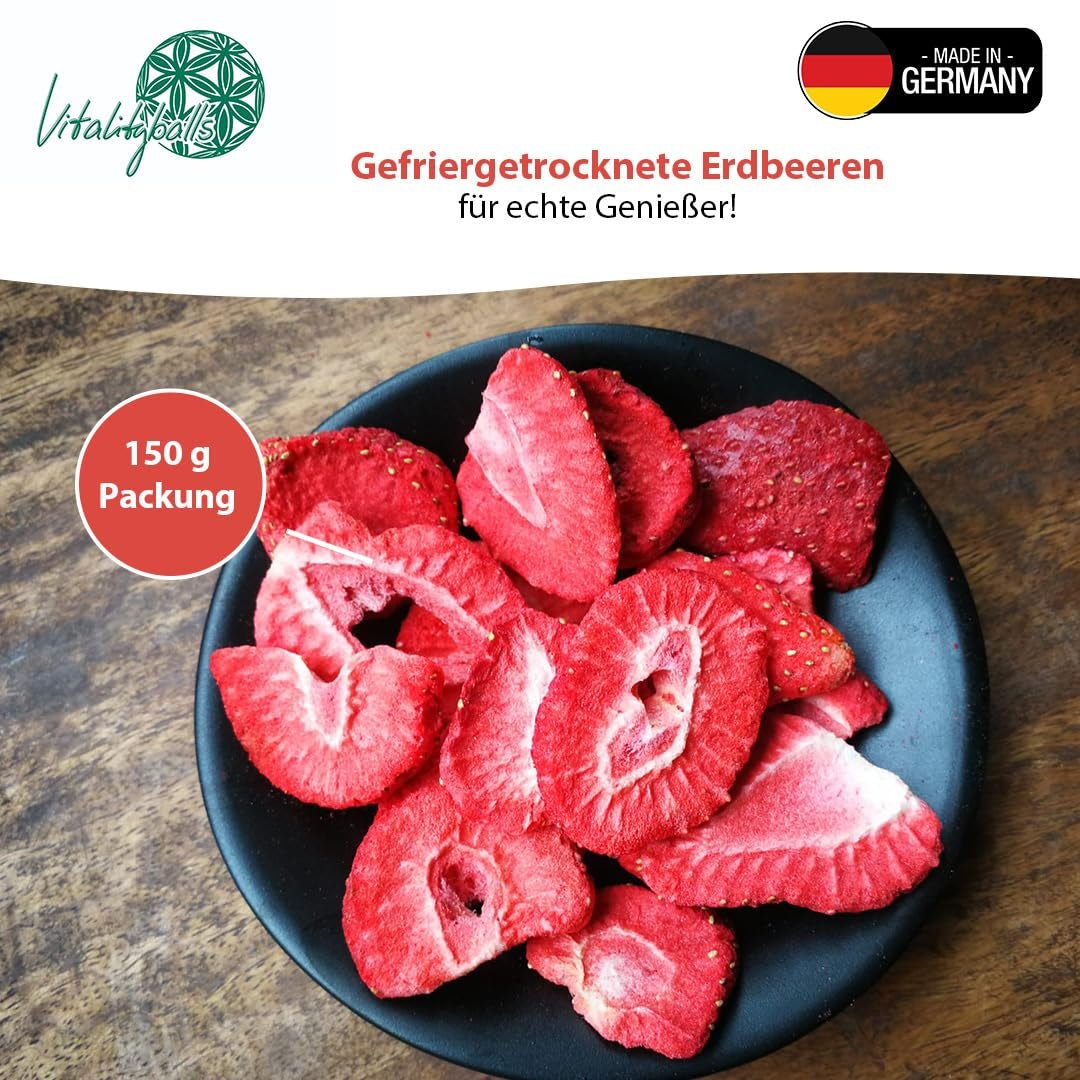'- 150 g 100 % naturliga och rena frystorkade jordgubbar - Skivade torkade jordgubbar - Frystorkade torkade frukter utan tillsatt socker - Osötade jordgubbschips Torkade produkter Naty Shop