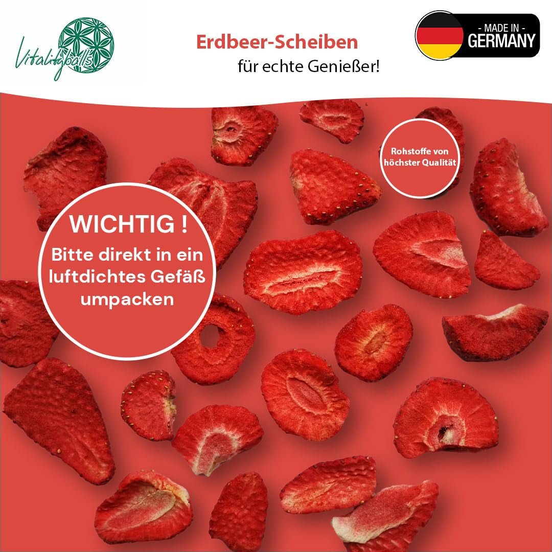 '- 150 g 100 % naturliga och rena frystorkade jordgubbar - Skivade torkade jordgubbar - Frystorkade torkade frukter utan tillsatt socker - Osötade jordgubbschips Torkade produkter Naty Shop