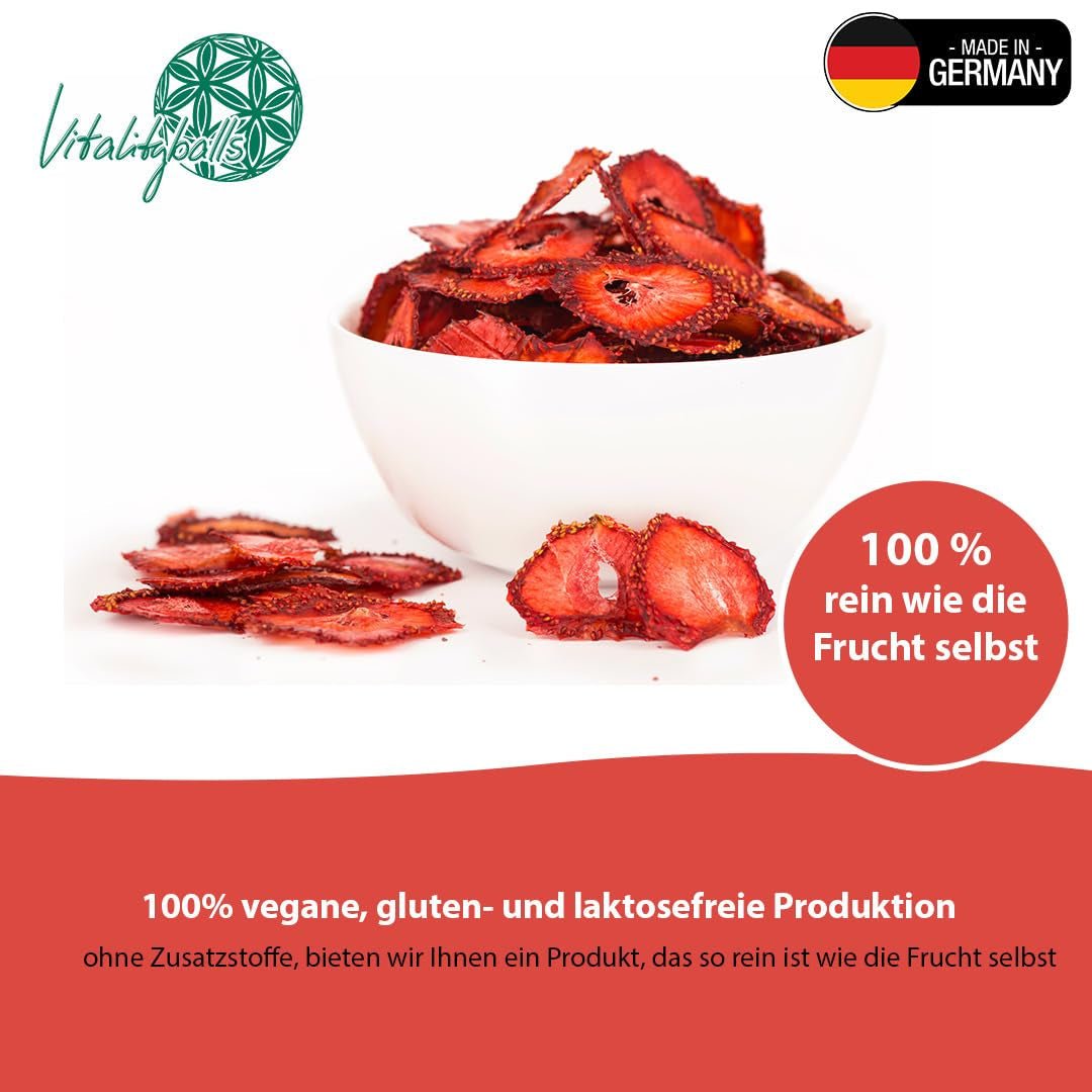 '- 150 g 100 % naturliga och rena frystorkade jordgubbar - Skivade torkade jordgubbar - Frystorkade torkade frukter utan tillsatt socker - Osötade jordgubbschips Torkade produkter Naty Shop