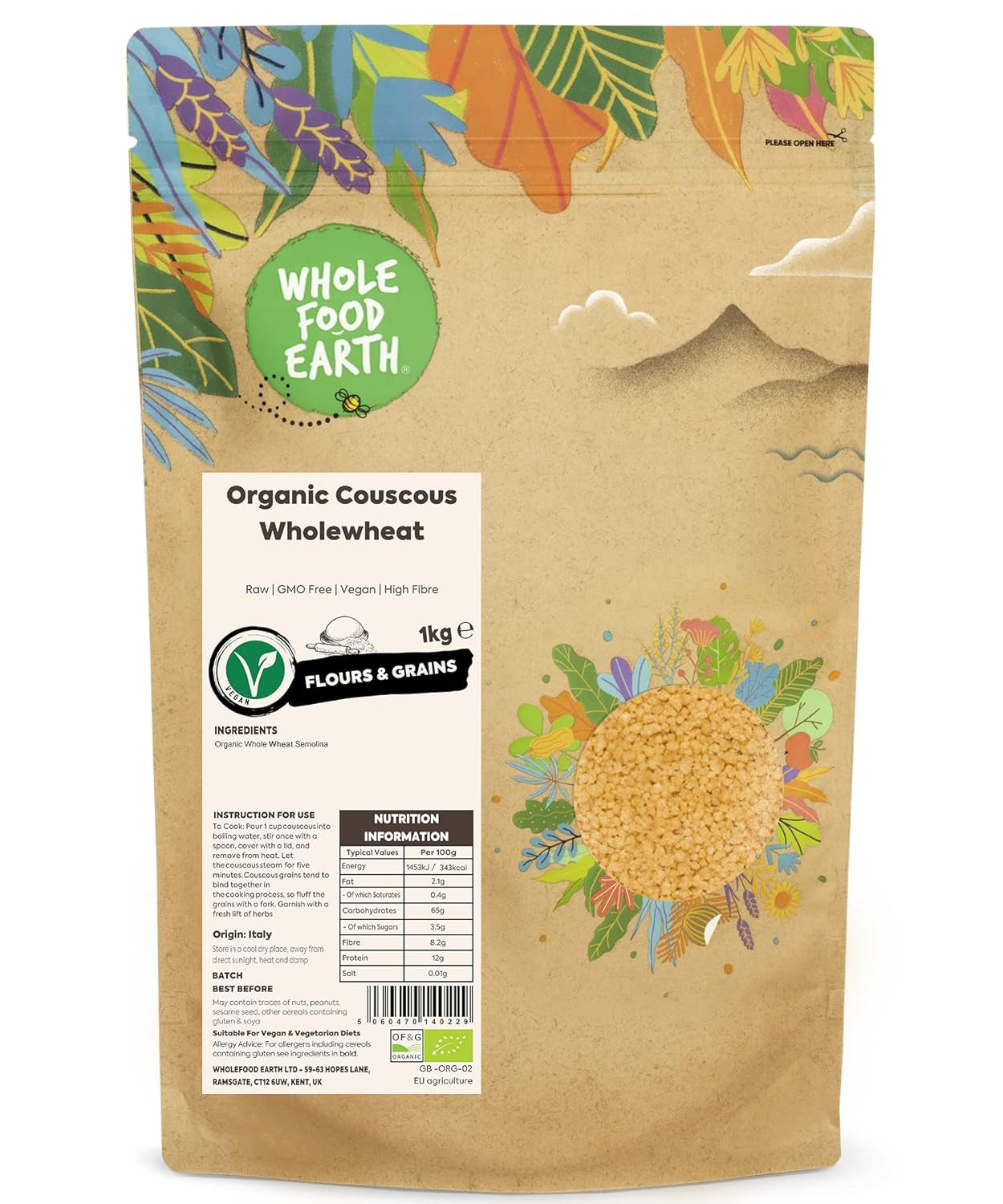 Wholefood Earth ekologisk couscous – 1 kg | Rå | Icke-GMO | Vegan | Rik på fibrer | Certifierad ekologisk