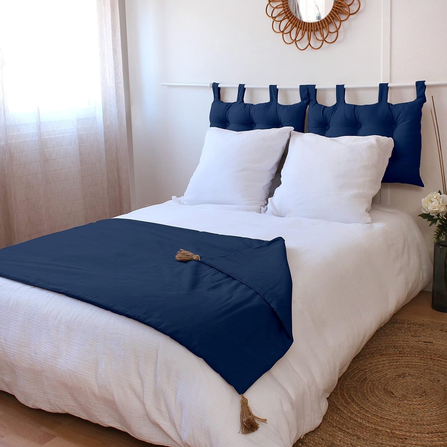 Enjoy Home - Panama Collection - Quilt med 4 jute tofsar - 100% bomull - Oeko-Tex certifikat - 90 X 190 Cm - Färg: Marinblå Täcken och täcken Naty Shop Standardtitel