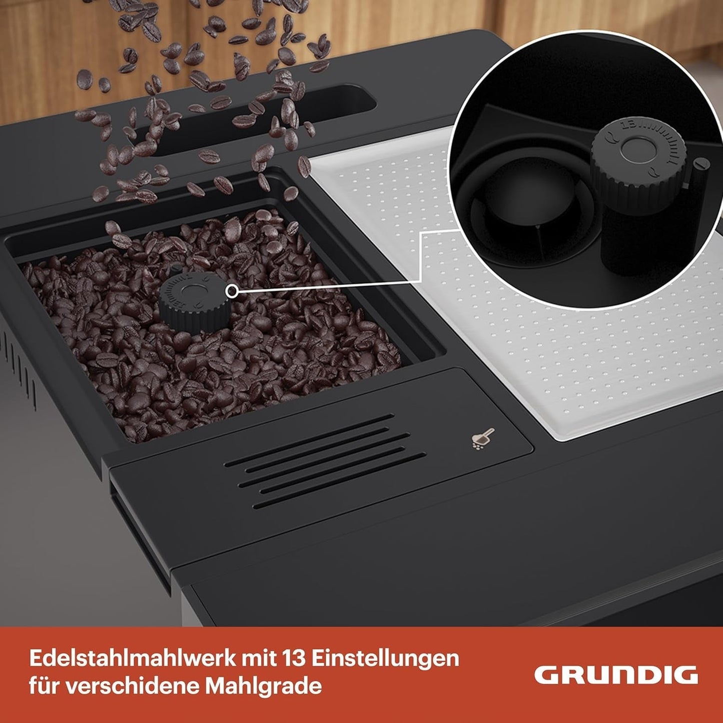 GRUNDIG KVA 6230 helautomatisk espressomaskin med mjölkskummare, rostfri kvarn med 13 malningsinställningar, bönbehållare 250 g, avtagbar vattentank 2 liter, pumptryck 19 bar, pekskärm, svart