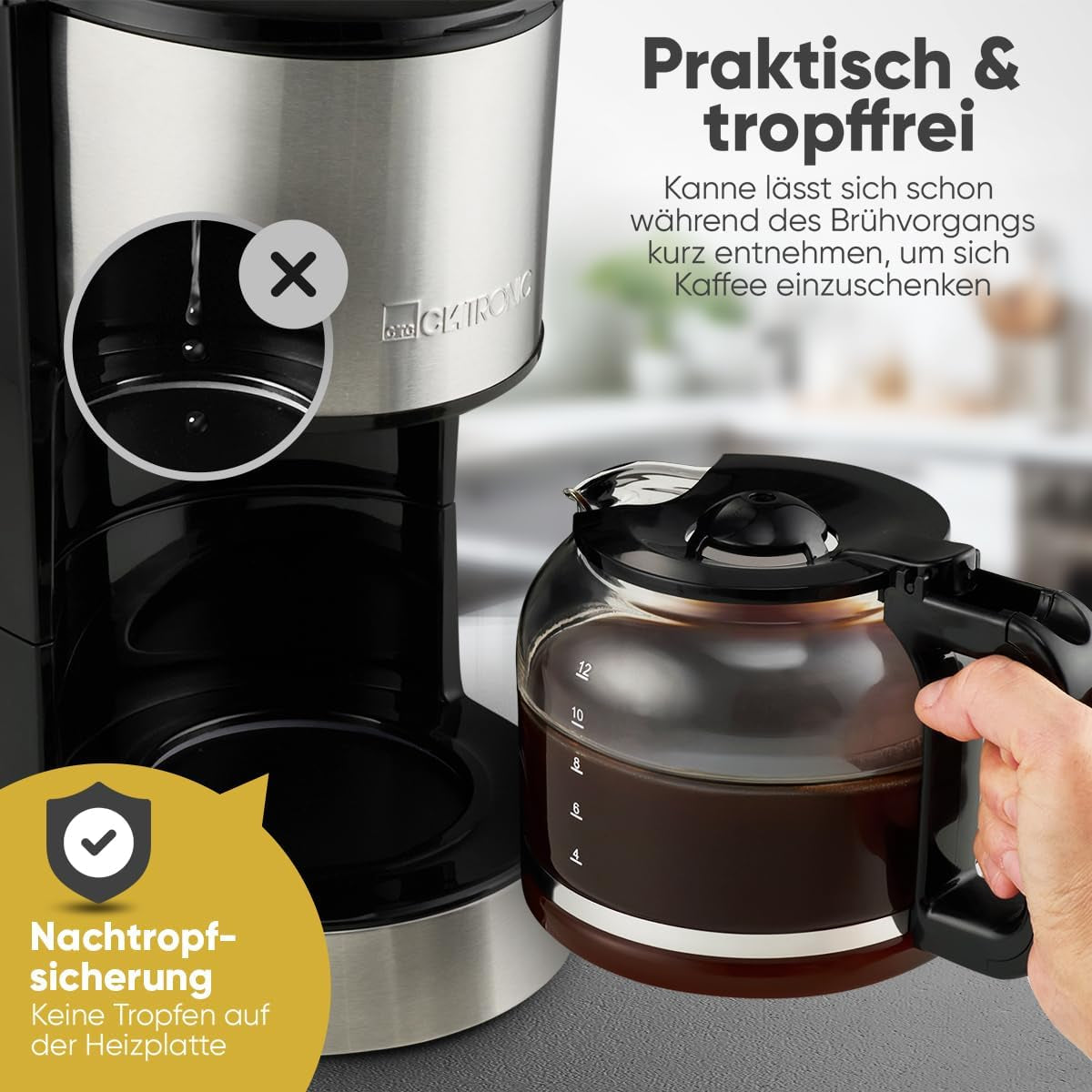 Kaffeespressomaskin med Clatronic®-filter | för 12-14 koppar | Kaffeespressomaskin med filter | Fodral i rostfritt stål | Anti-dropp | Espresso | Kaffeespressomaskin med filter | 800W | KA 3808