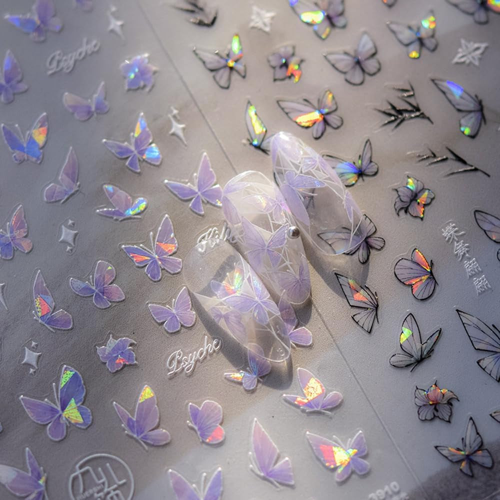 2 Blätter Schmetterling Nagelsticker Selbstklebend,Muschel Glitzer Nail Art Butterfly Nagelsticker Lila Grau Schmetterlinge Nagelaufkleber Relief Laser Butterflies Nagel Sticker Nageldesign Zubehör