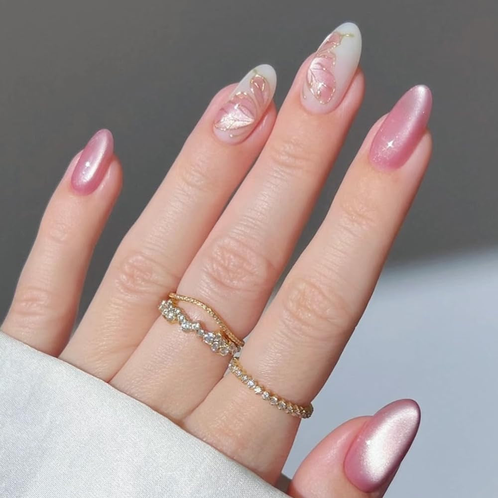Moonglow korta magnetiska lösnaglar, rosa mandelröd gradient glitter kattöga med lim, rosa röd ombre glitter fototerapi konstgjorda naglar för kvinnor och flickor