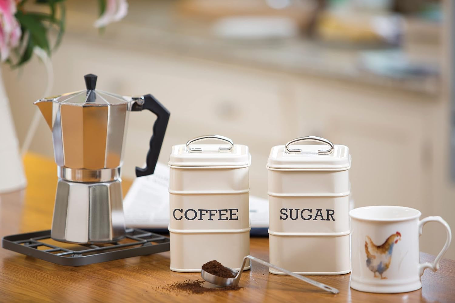 KitchenCraft Living Nostalgia set med 3 förvaringsburkar för te, socker och kaffe i presentförpackning, stål, antik kräm, 11 cm x 11 cm x 17 cm, vintageblå matförvaringslådor Naty Shop