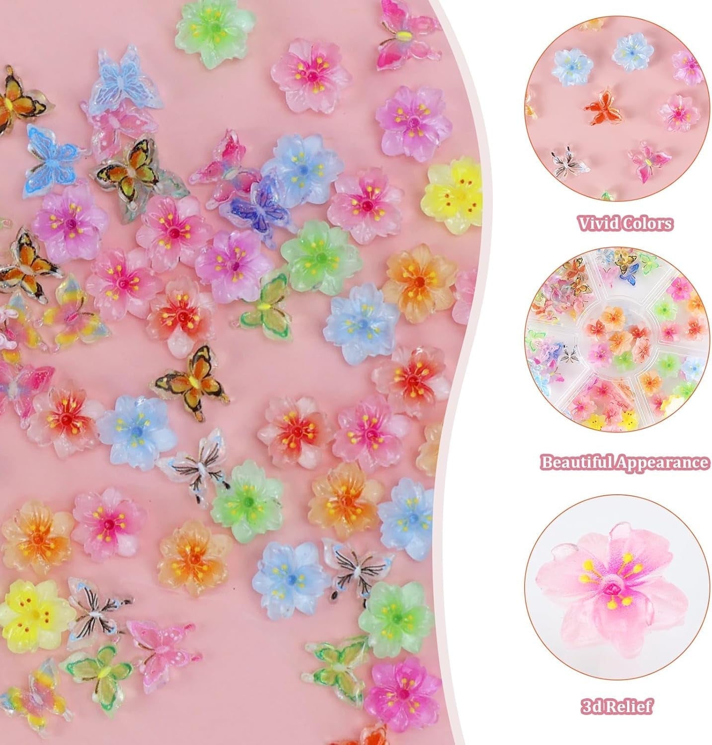 YICH Nail Charms Nägel Charms 50st 3D Blommor + 50st 3D Schmetterling, Sommar Nägel Deko Set Schmetterling/Flowers Nail Art Nailart