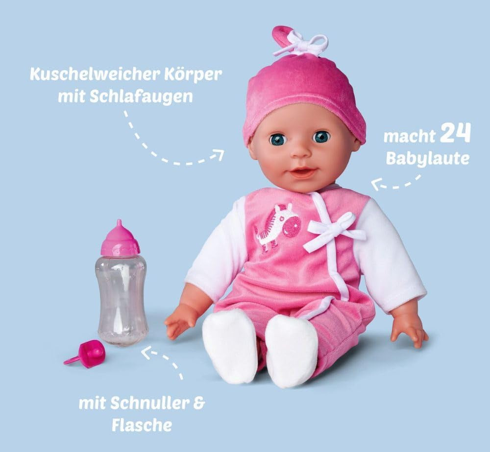 Simba 105140489 - Laura Baby Talk Doll, 38 cm mjuk kroppsdocka med sömniga ögon i söt jumpsuit, 24 babyljud, lekdocka, babydocka, 2+