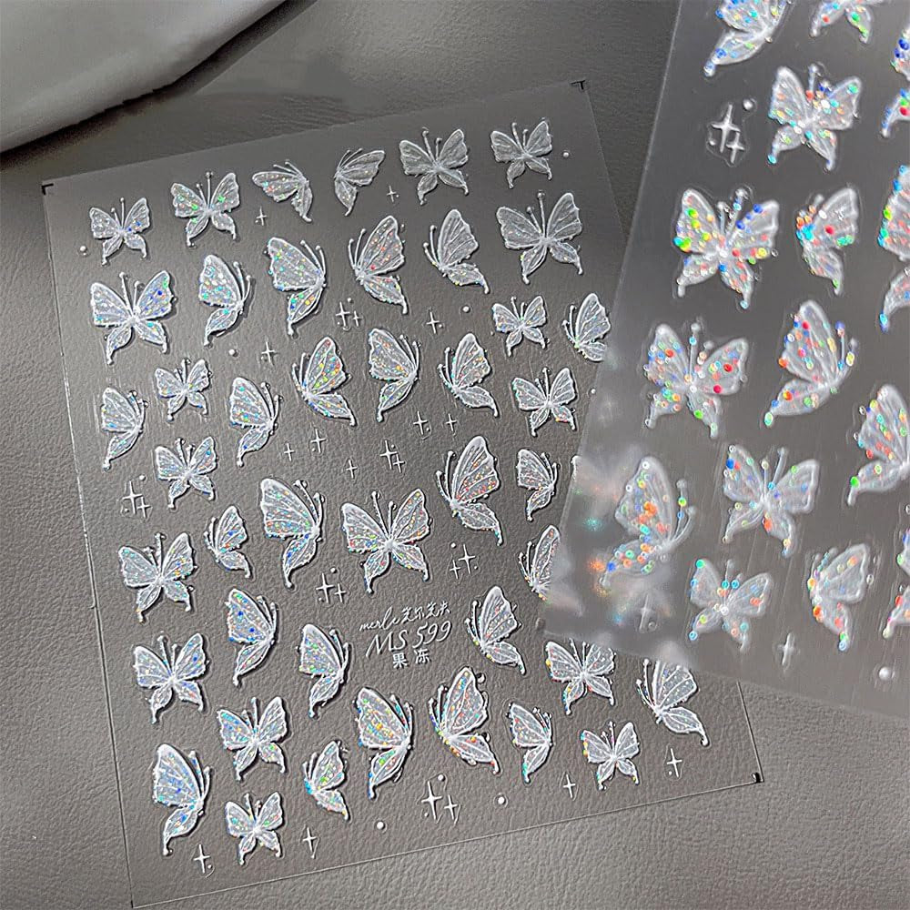 Aurora Muschel Schmetterling Nagelsticker Weiß Schmetterlinge Nageldekal Gelee Relief Butterfly Nagelaufkleber Y2K Butterflies Nagel Sticker Nägel Nageldesign Nagel Zubehör Nail Art Stickers Nailart