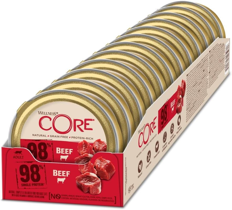 Wellness CORE 98% 12 x 85g, nötkött - våtfoder för katter, tjock paté, spannmålsfri, naturlig, hypoallergen, hög proteinhalt, hög halt av kött