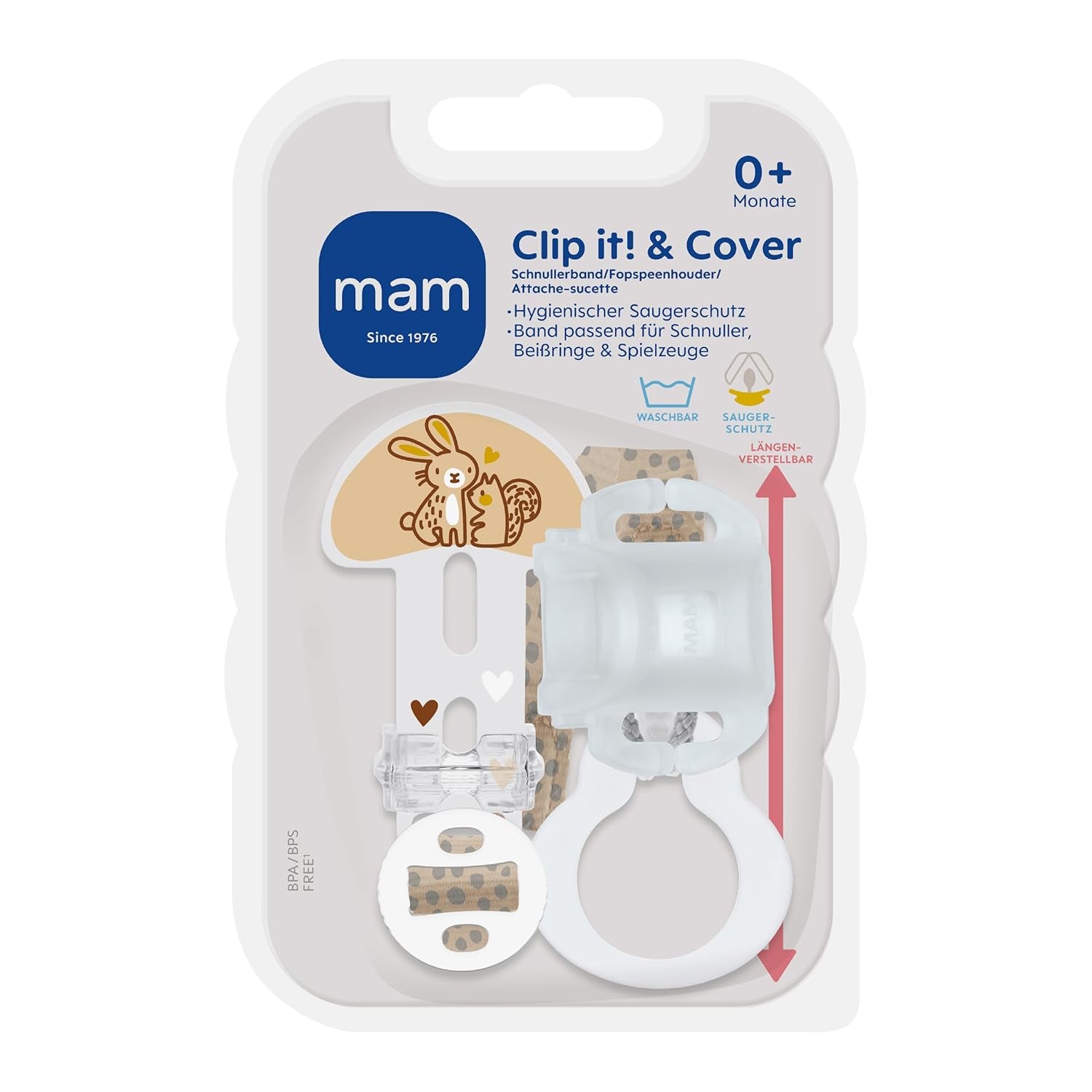 MAMMA Klipp den! & Överdrag Napprem med nappskydd, Längdjusterbar napphållare med avtagbar ring, Lämplig för nappar, bitringar och leksaker, Kanin