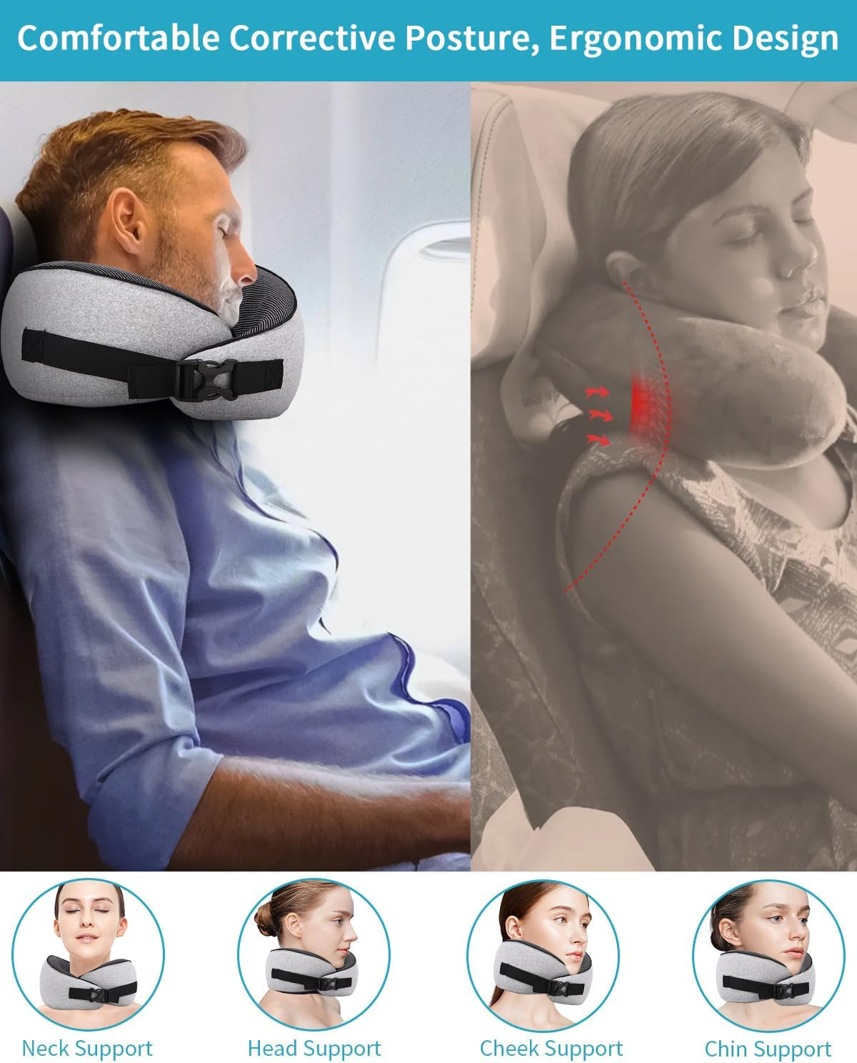 Flygplans nackkudde, Memory Foam resekudde, vuxen nackkudde, justerbar tvättbar flygplanskudde, ergonomisk resekudde (grå) cervikala ortopediska kuddar Naty Shop